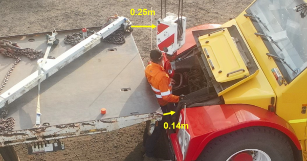 Worker trapped between tilt tray truck and crane